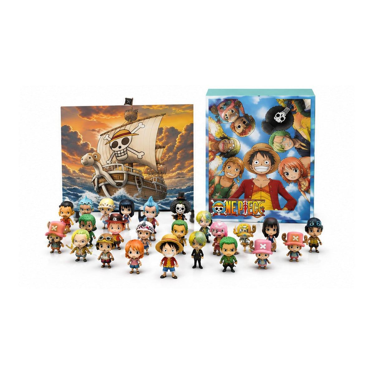 Wide view of the One Piece Calendar box and the 24 chibi mini figures