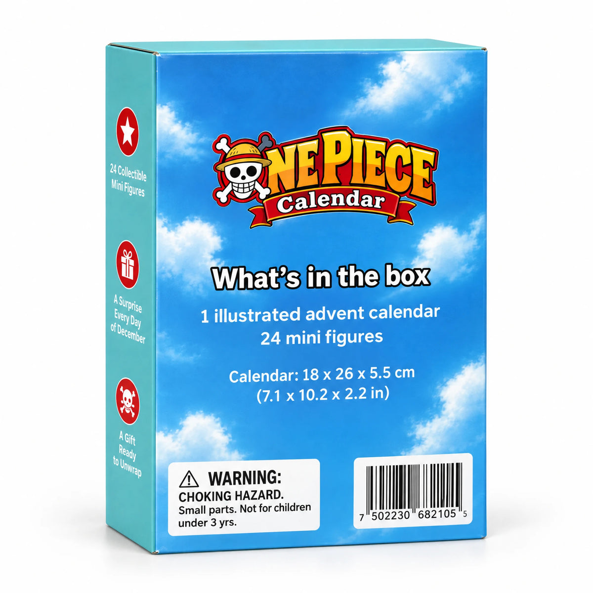 Back of the One Piece Calendar box: what's in the box and dimensions