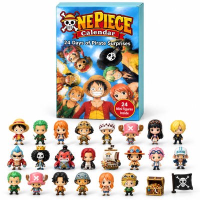 One Piece Calendar box with all 24 chibi mini figures lined up in front
