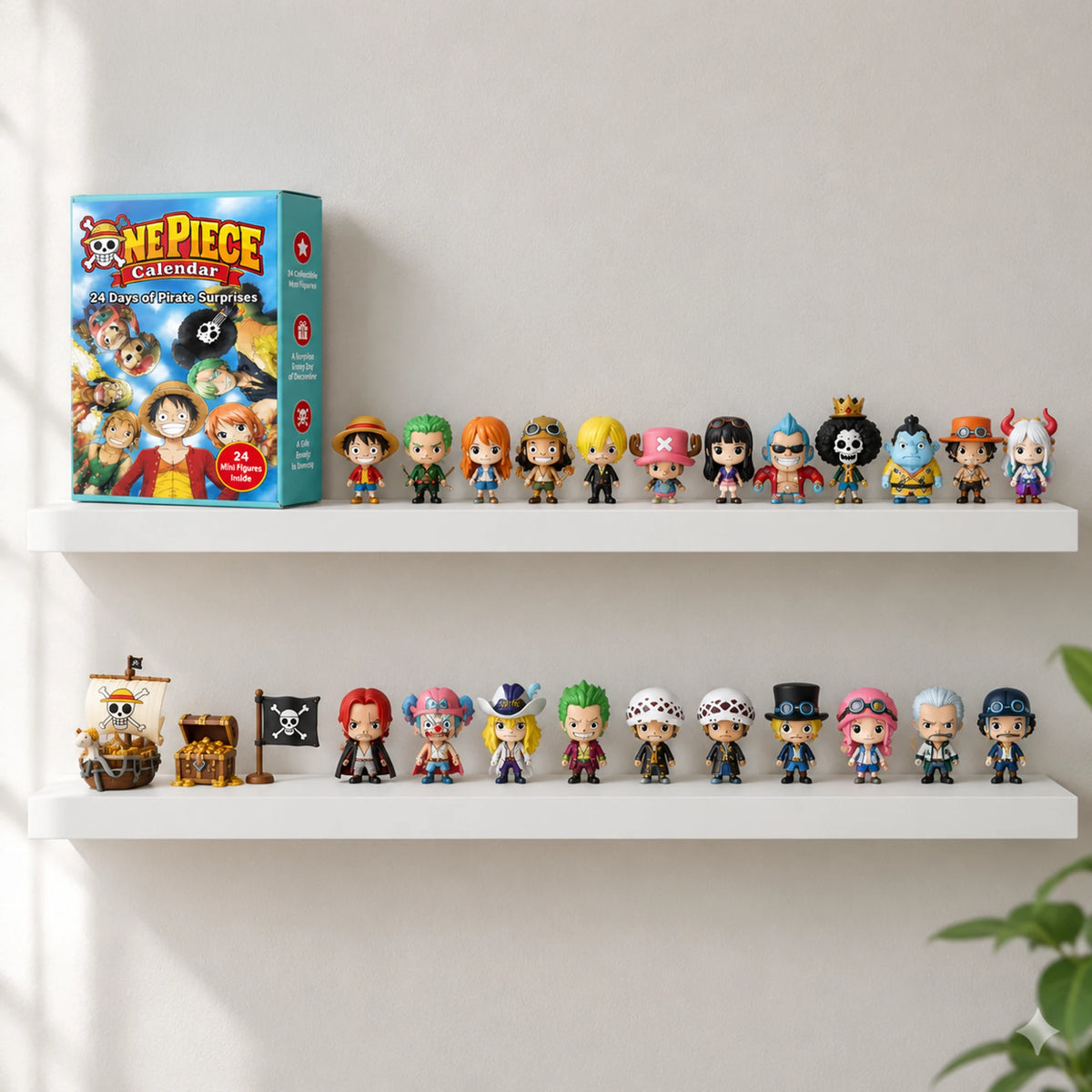 The 24 One Piece chibi mini figures displayed on two shelves next to the calendar box