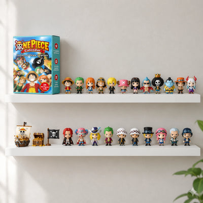 The 24 One Piece chibi mini figures displayed on two shelves next to the calendar box