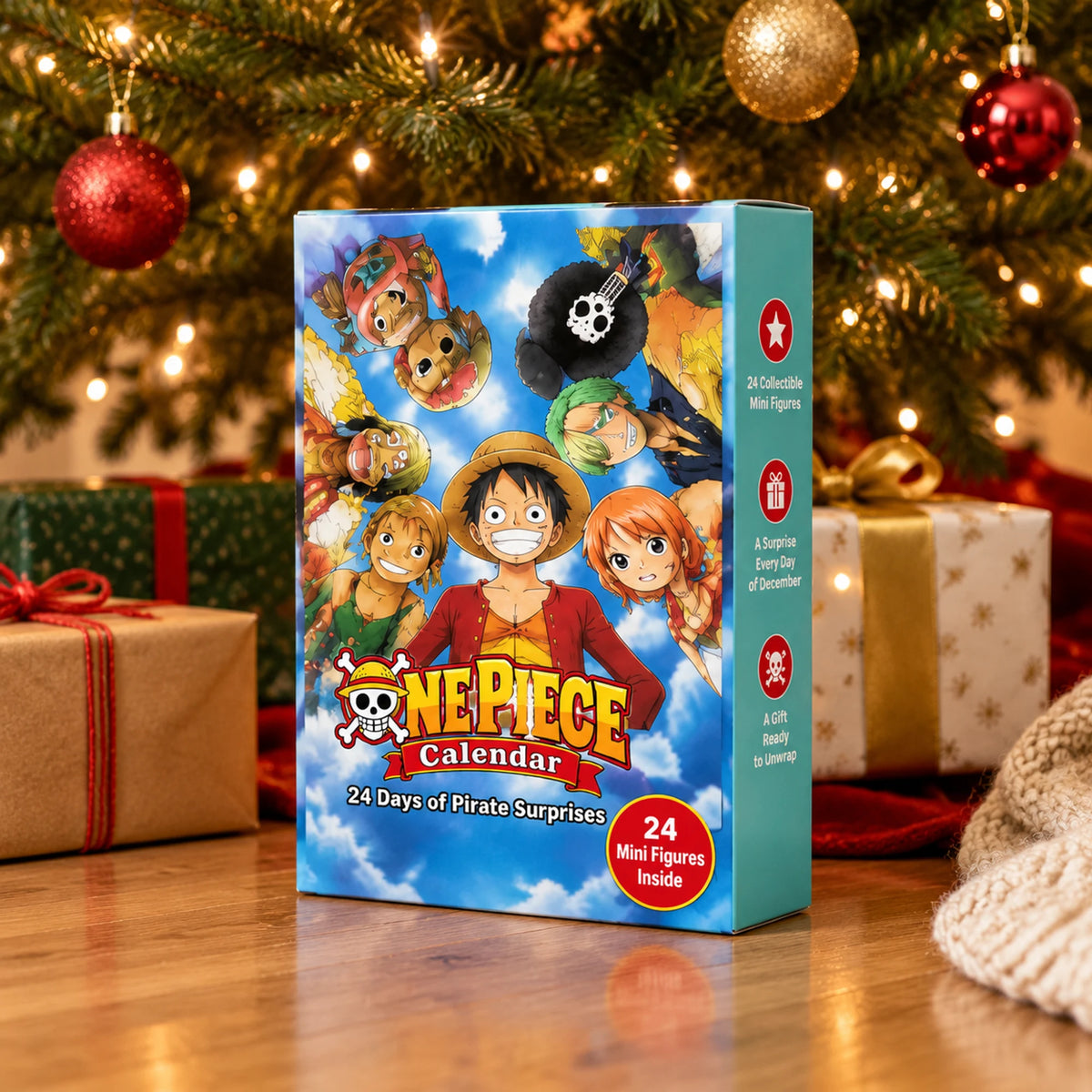 One Piece Calendar box under the Christmas tree among wrapped gifts